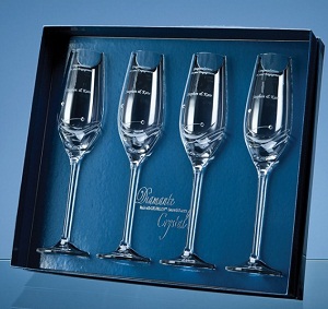 4x Diamante Crystal Champagne Flutes featuring 3 Swarovski crystals  Incl. FREE TEXT Engraving  
